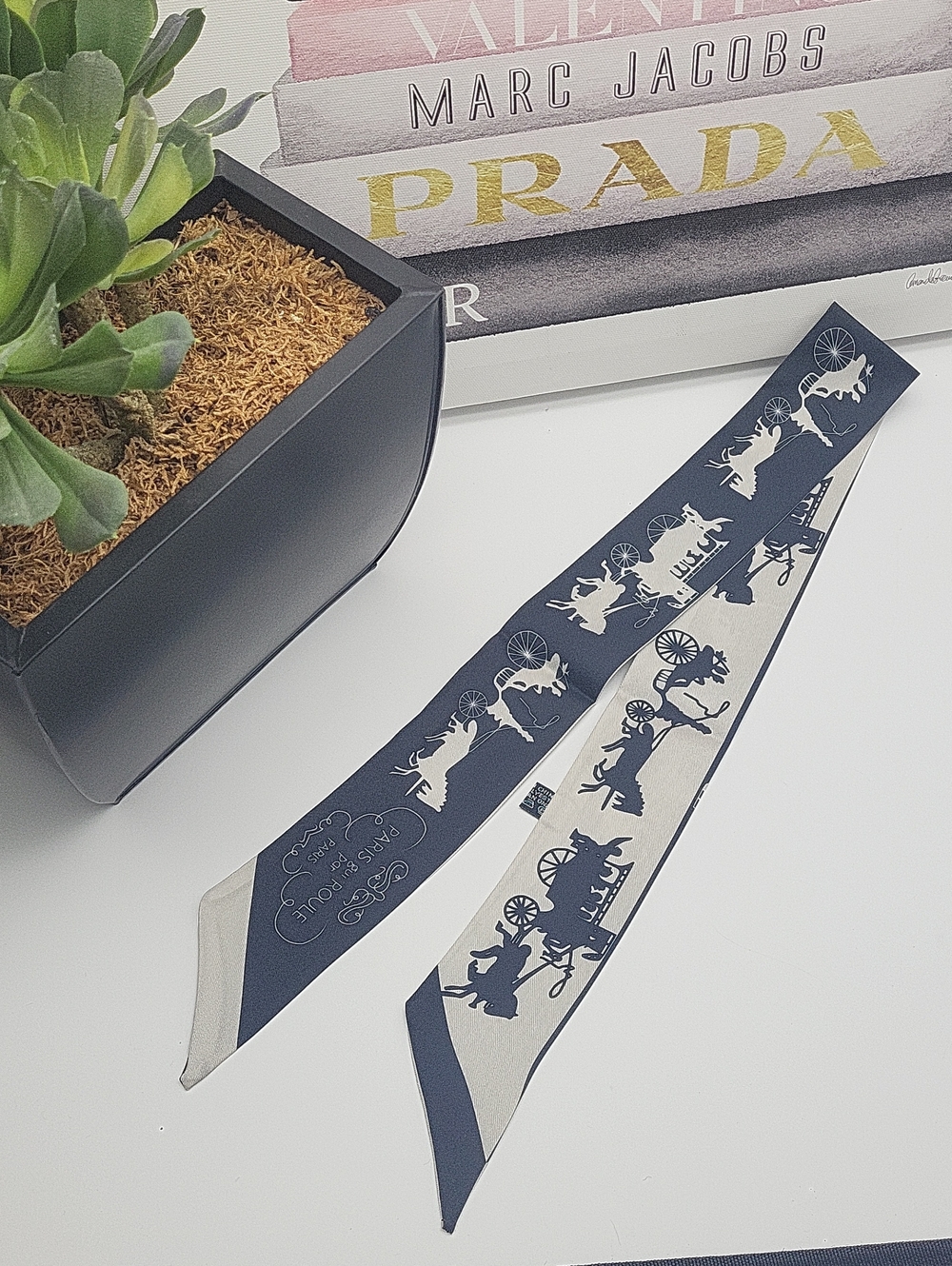 Black and Cream Twilly Scarf with Equestrian Motif - Unbranded